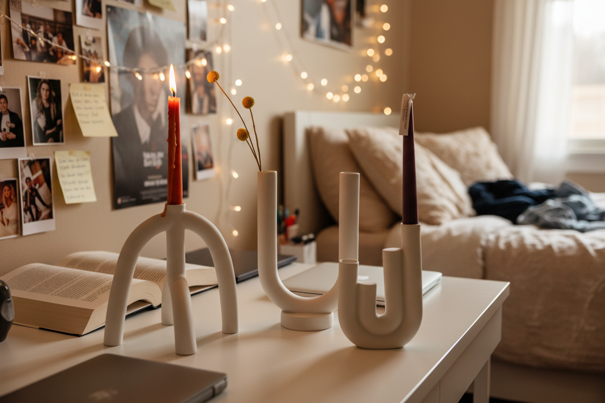 Decorative candles on a table with a cozy making an dorm room cozy