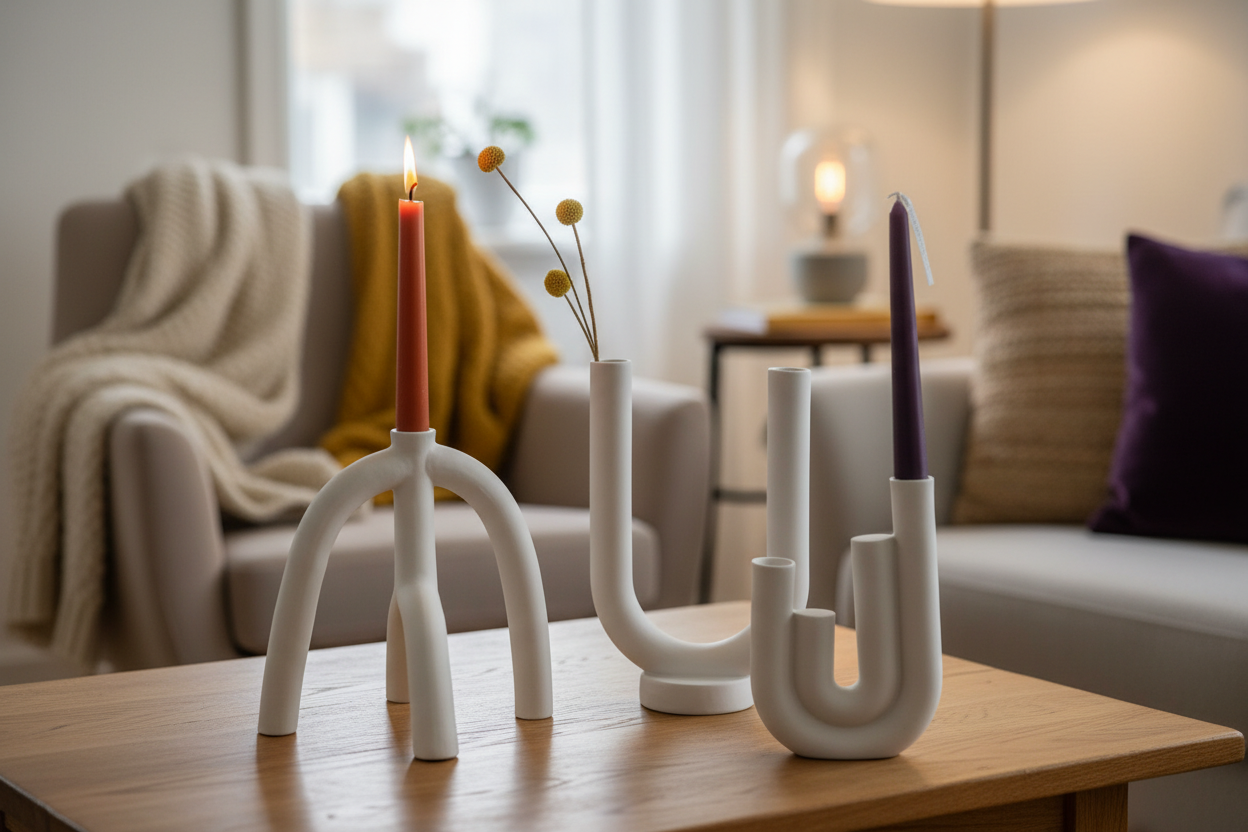 Decorative candle holders on a wooden table with a cozy living room background