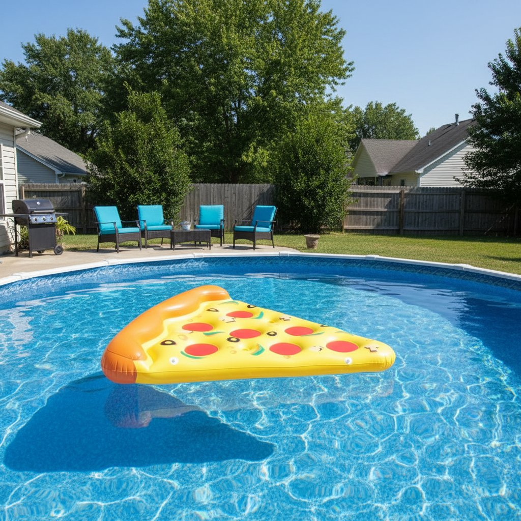 A colorful inflatable pool float designed to resemble a slice of pizza with toppings.

