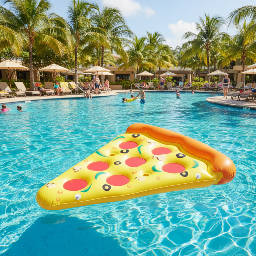 Inflatable pizza slice toy floating in a resort pool